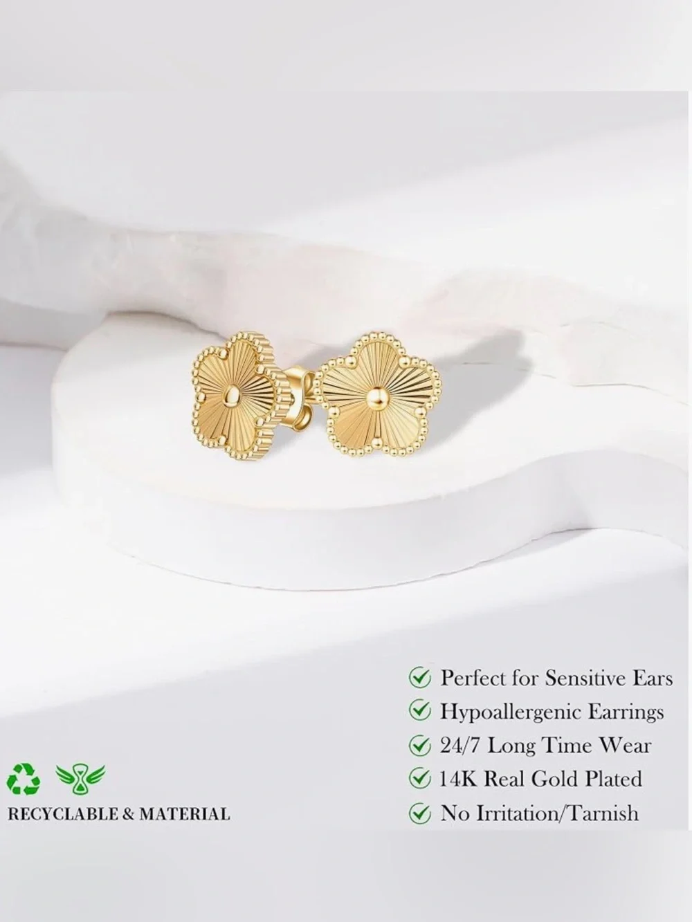 Gold Plated Clover Floral Stud Earrings - Women Jewelry